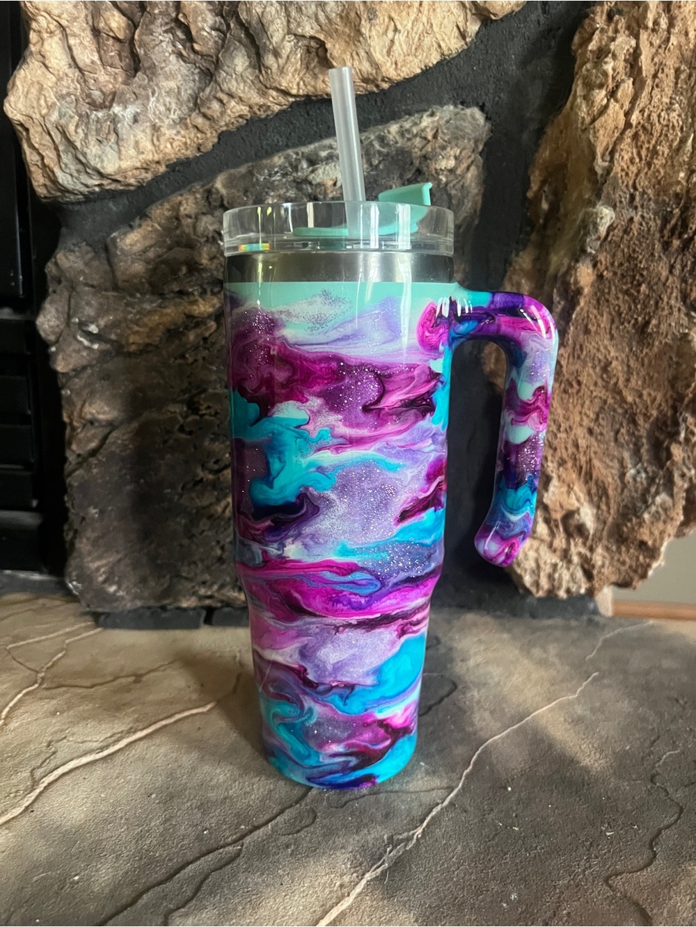 Galaxy Swirl Insulated Tumbler with Handle - Purple Teal Pink